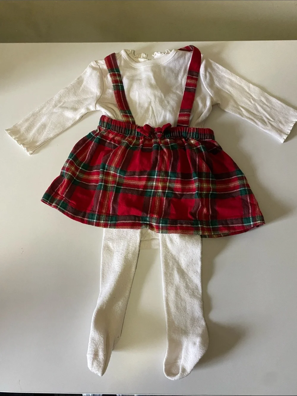 Carter's Red Plaid Suspender Skirt Set with White Top and Tights